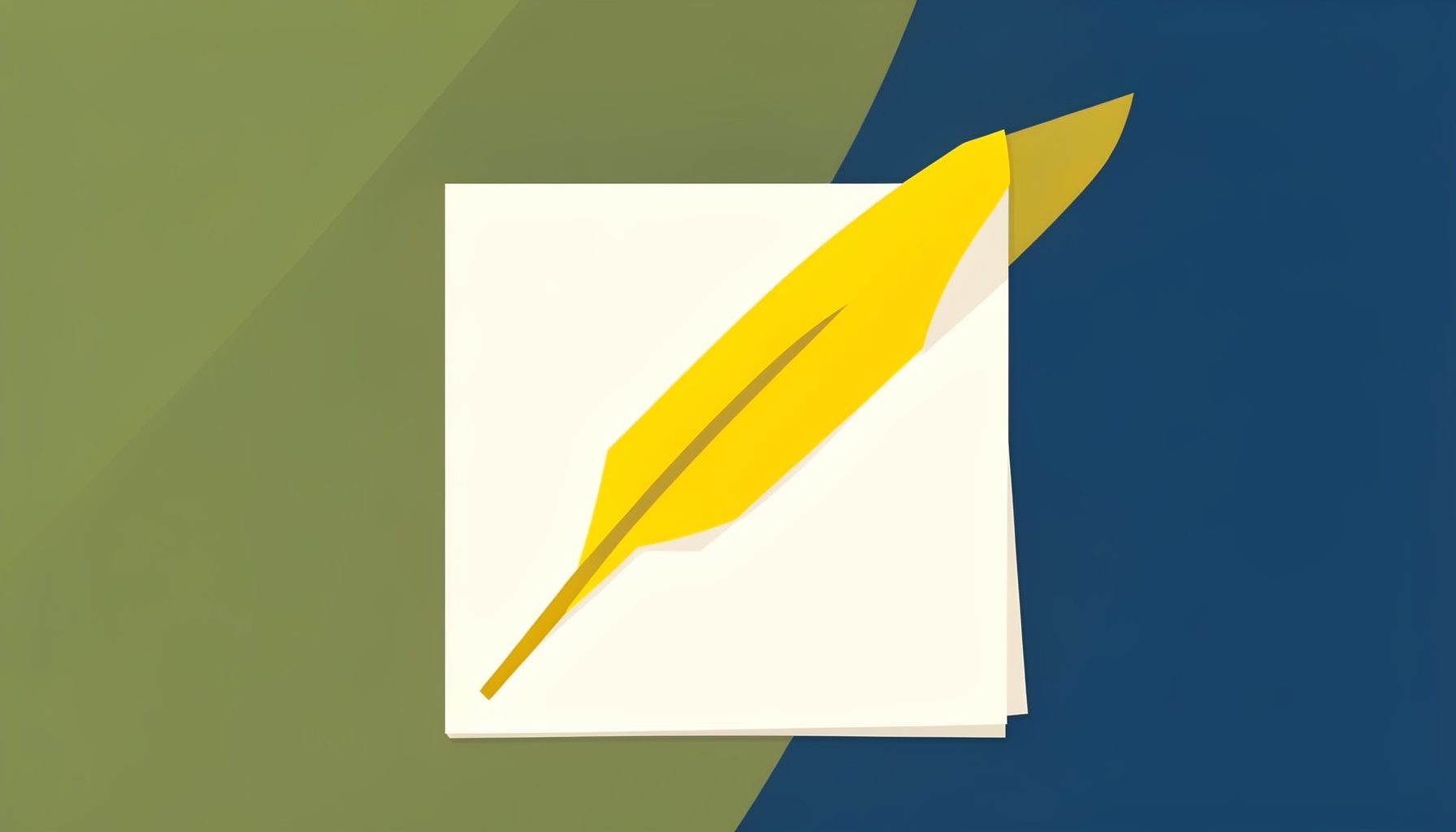 Flache Vektorillustration einer geöffneten Schreibfeder über einem Blatt Papier, umgeben von sanften olivgrünen und tiefblauen Farbflächen.
