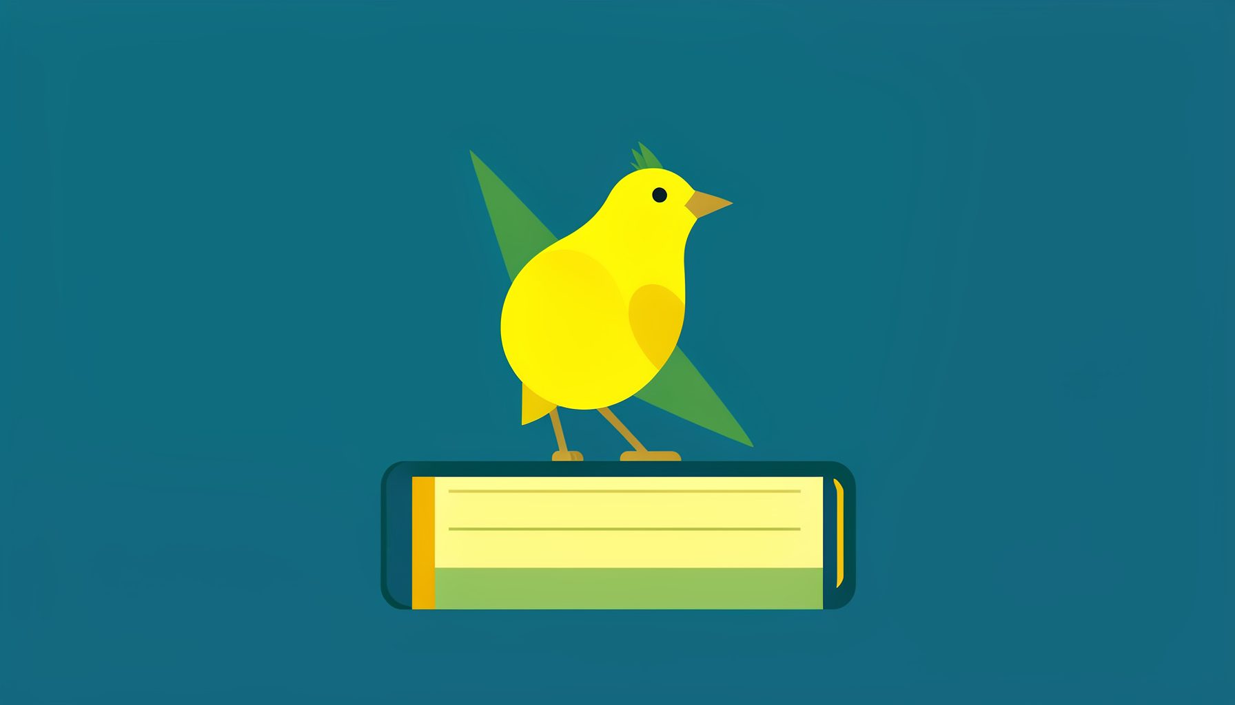 Flache Vektorillustration eines stilisierten Vogels auf einem Buchrücken, poetische Atmosphäre in gedecktem Blau und Grün.