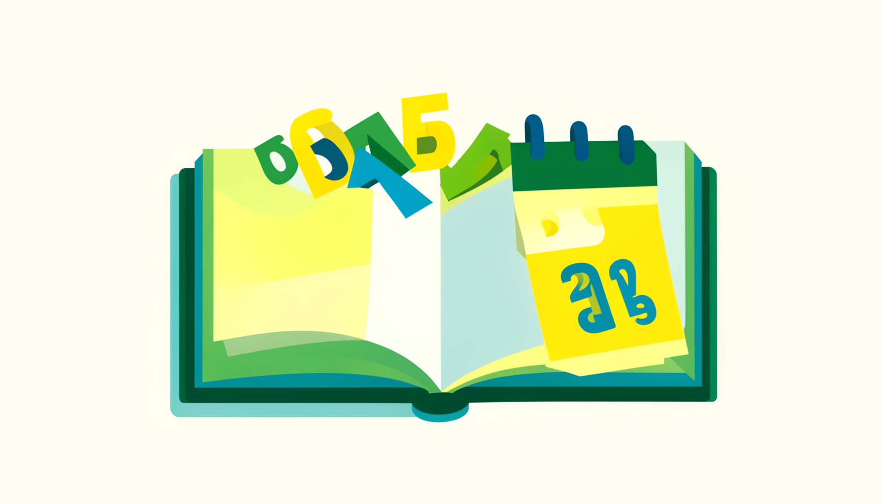 Flache Vektorillustration: ein aufgeschlagenes Buch mit herausfliegenden Buchstaben und einem Kalenderblatt mit der Jahreszahl 2015, in warmen Blau- und Cremetönen.