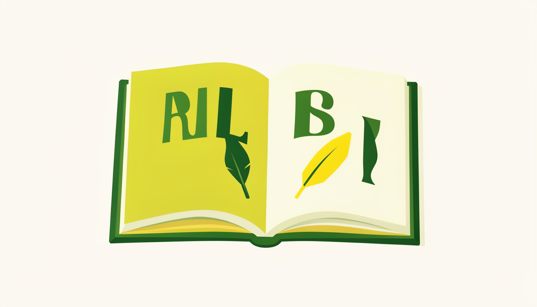 Flache Vektorillustration: Ein aufgeschlagenes Literaturmagazin mit Buchstaben und abstrakten Schreibfedern, in gedeckten Blau- und Cremetönen.