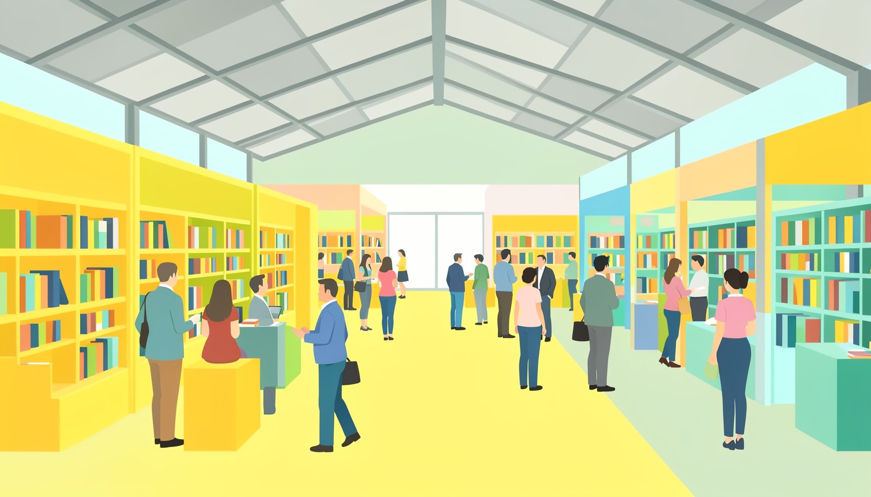 Flache Vektorillustration einer belebten Buchmessehalle mit pastellfarbenen Messeständen, Bücherregalen und Besuchergruppen.