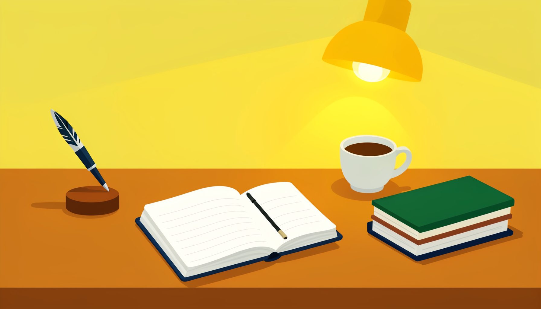 Flache Vektorillustration einer ruhigen Schreibtischszene bei warmem Lampenlicht: ein aufgeschlagenes Notizbuch, ein Füller und eine Tasse, umgeben von gedämpften Blau- und Cremetönen.