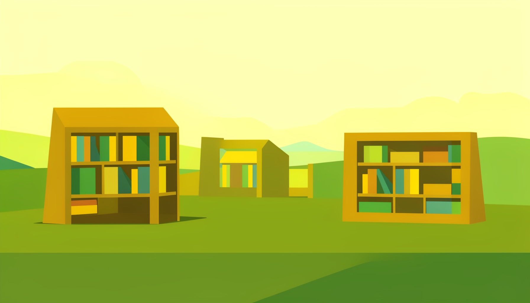 Flache Vektorillustration einer Messelandschaft mit Bücherständen in warmen Oliv- und Tealtönen.